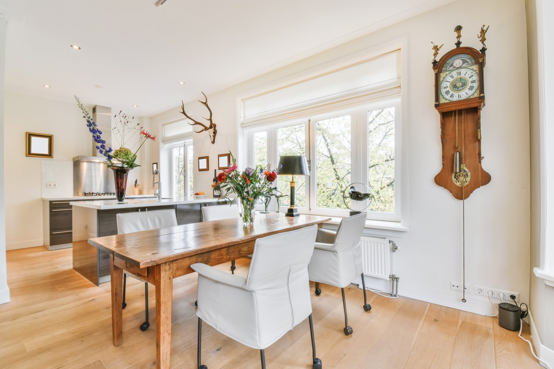 Bright kitchen scene with modern furniture and decorations